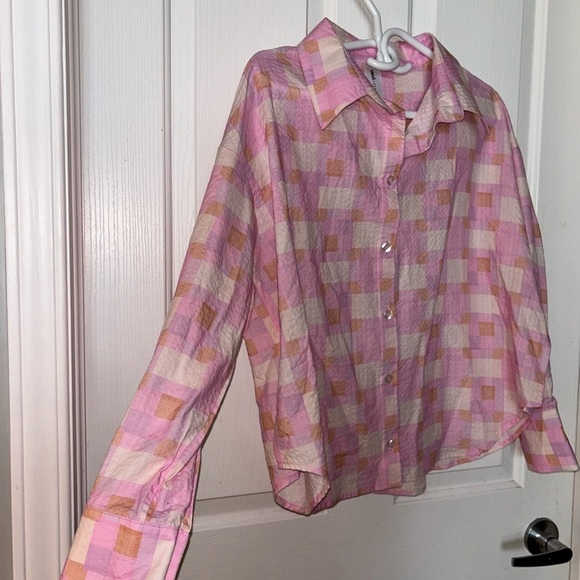 4/$20 SMASH + TESS Seersucker Button Down Malia Check Oversized shirt- XS - Picture 13 of 14